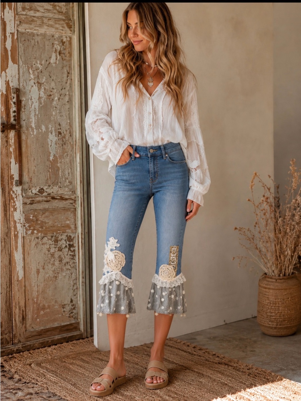 Boho upcycled rewrked Levi’s ultimate pull on capris